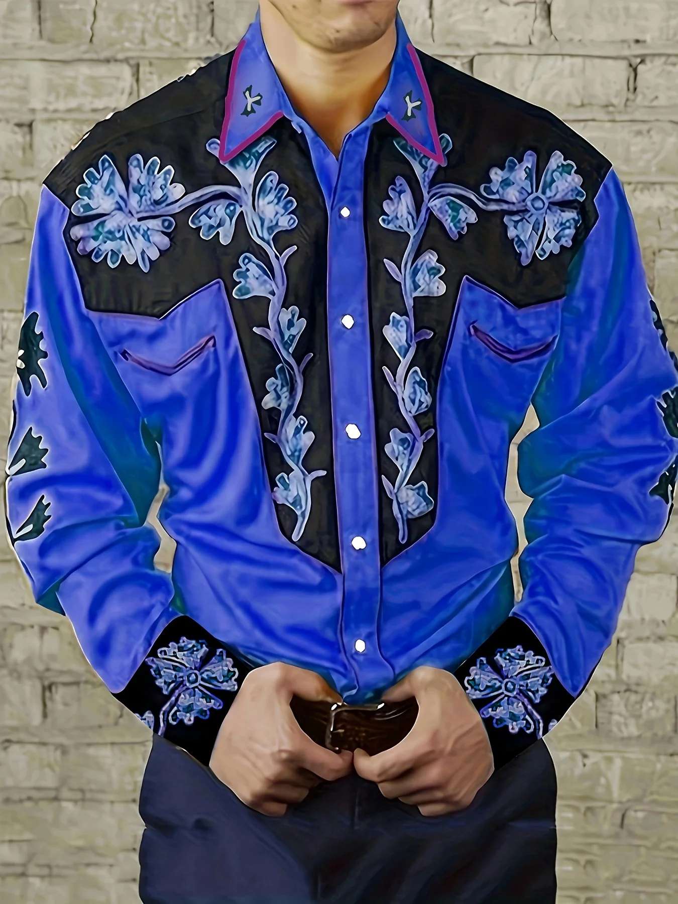 Men Western Cowboy Floral Print Long Sleeve Shirt Lapel Collar Button‑Up Polyester Rodeo Blouse
