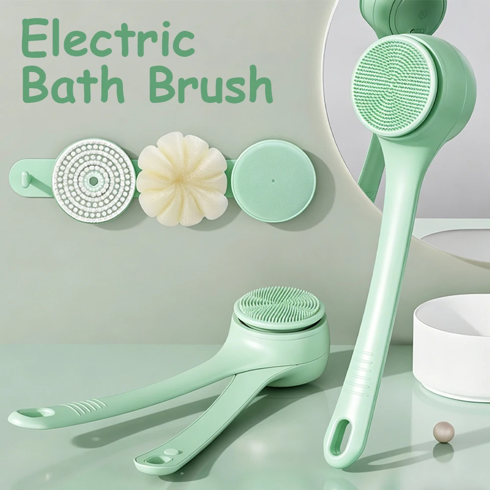 Electric Body Brush Back Scrubber for Shower, 4 Replaceable Heads and Hook, Long Handle Bath Brush with Type-C Rechargeable