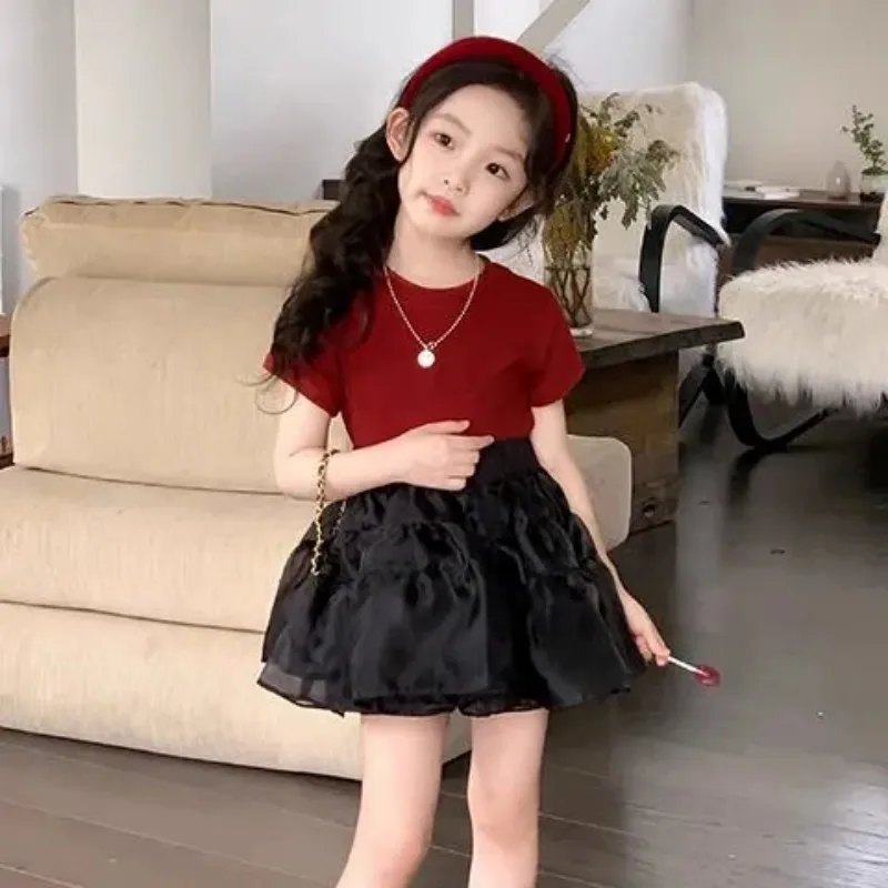 

Girls' Clothing Set Summer New Style Children's Fashion Sweet Short sleeved Top+Mesh Puff Skirt 2-piece Set