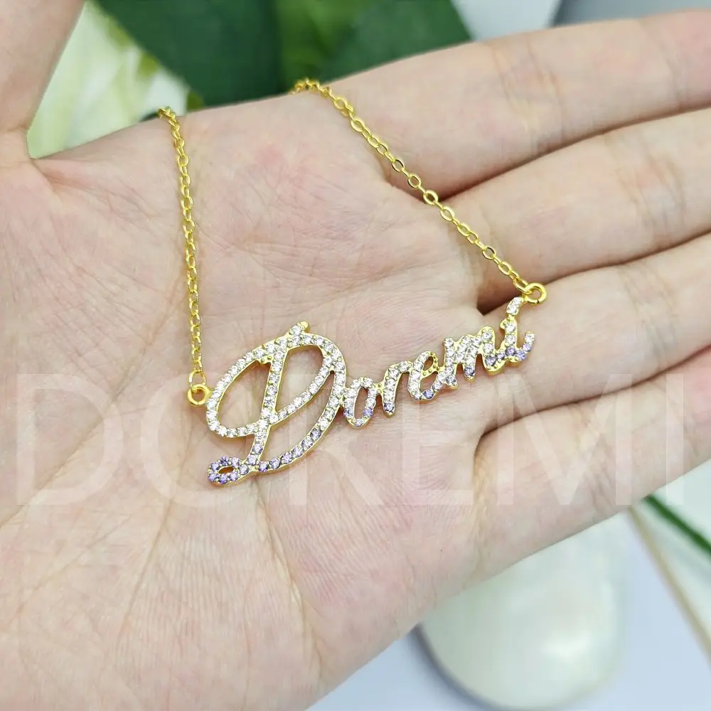 Imagem -05 - Doremi-colar Clássico Cursivo Personalizado Nome Personalizado Coração de Zircão Letras Completas de Cristal Colar de Presente Jóias