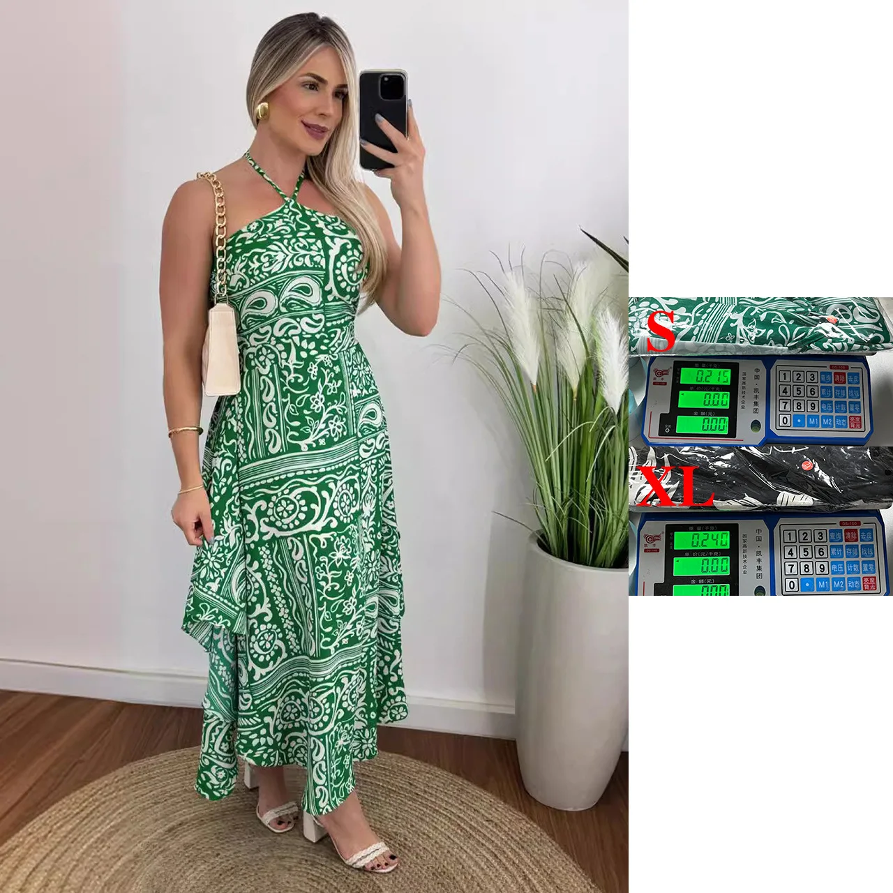 

25 Year Spring And Summer New Vacation Style Personalized Digital Print Hanging Neck Strapless Thin Belt Dress -88214