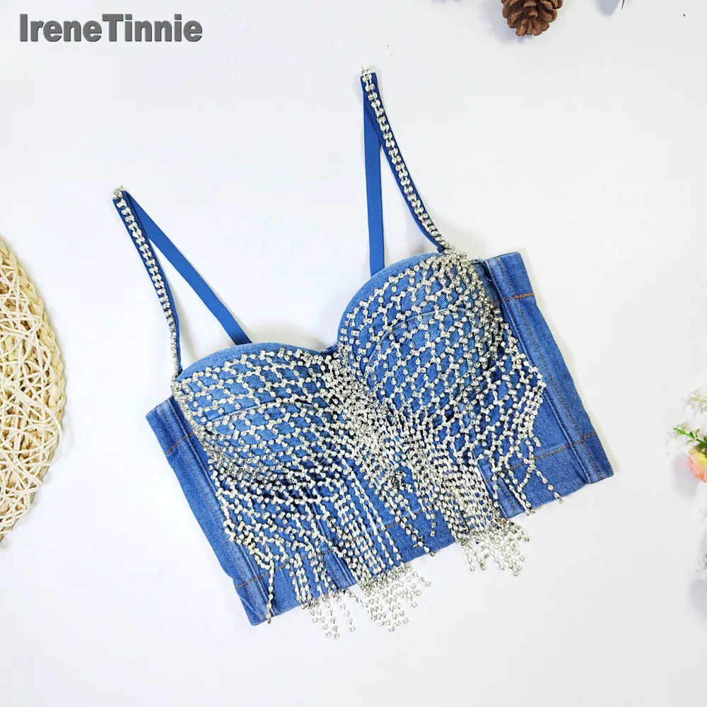 IRENE TINNIE Sparkle Faux Diamonds Tassel Mesh Women Sexy Bustier Slim Fit Short Corset Comfortable Cami Vest Clubwear Crop Tops