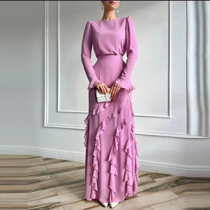 Ruffles Skirts Matching Sets Elegant Summer New Pure Color Slim Outfits Leisure Simple Commute Set Sexy O-neck Long Sleeve Tops