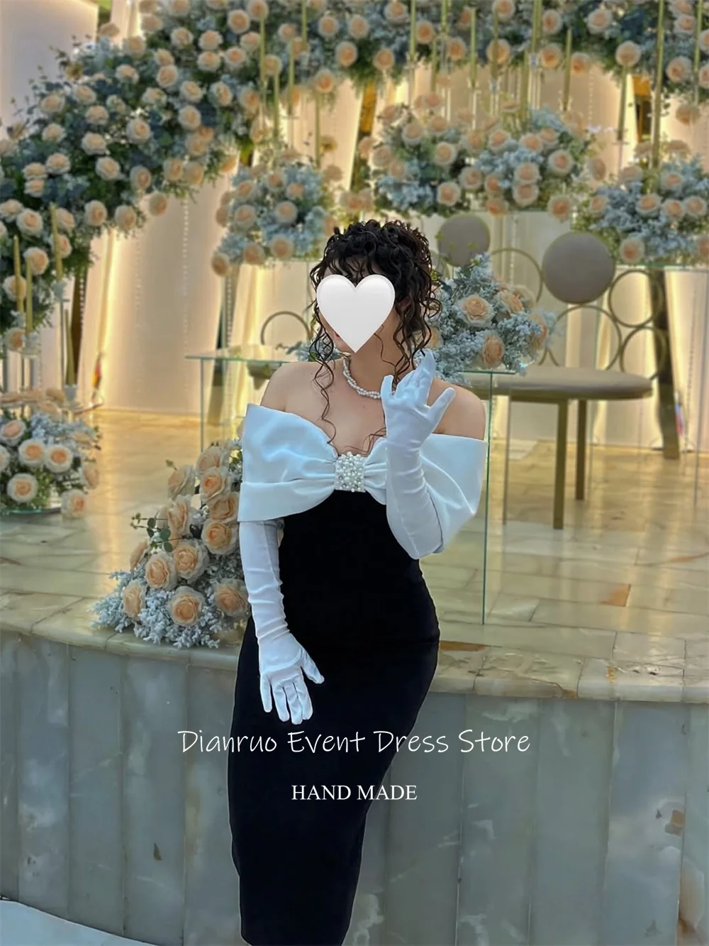 Dianruo قبالة الكتف فساتين السهرة الساتان القوس أبيض أسود فساتين حفلات أنيقة اللؤلؤ فساتين الحفلات امرأة 2025 مخصصة