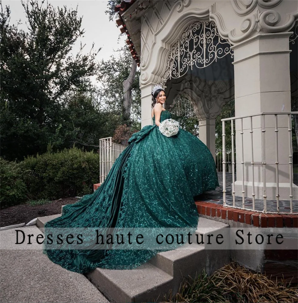 Emerald Green Lace Ball Gown Quinceanera Dresses 2025 With Bow Beaded Appliques Sweet 16 Dress  Vestidos De 15 Años Customized