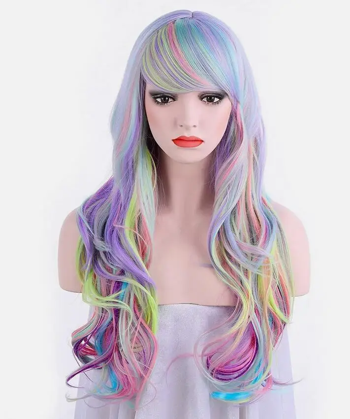 Long Curly Multi-Color Pastel Rainbow Hair Full Wigs-Charming Lolita Halloween