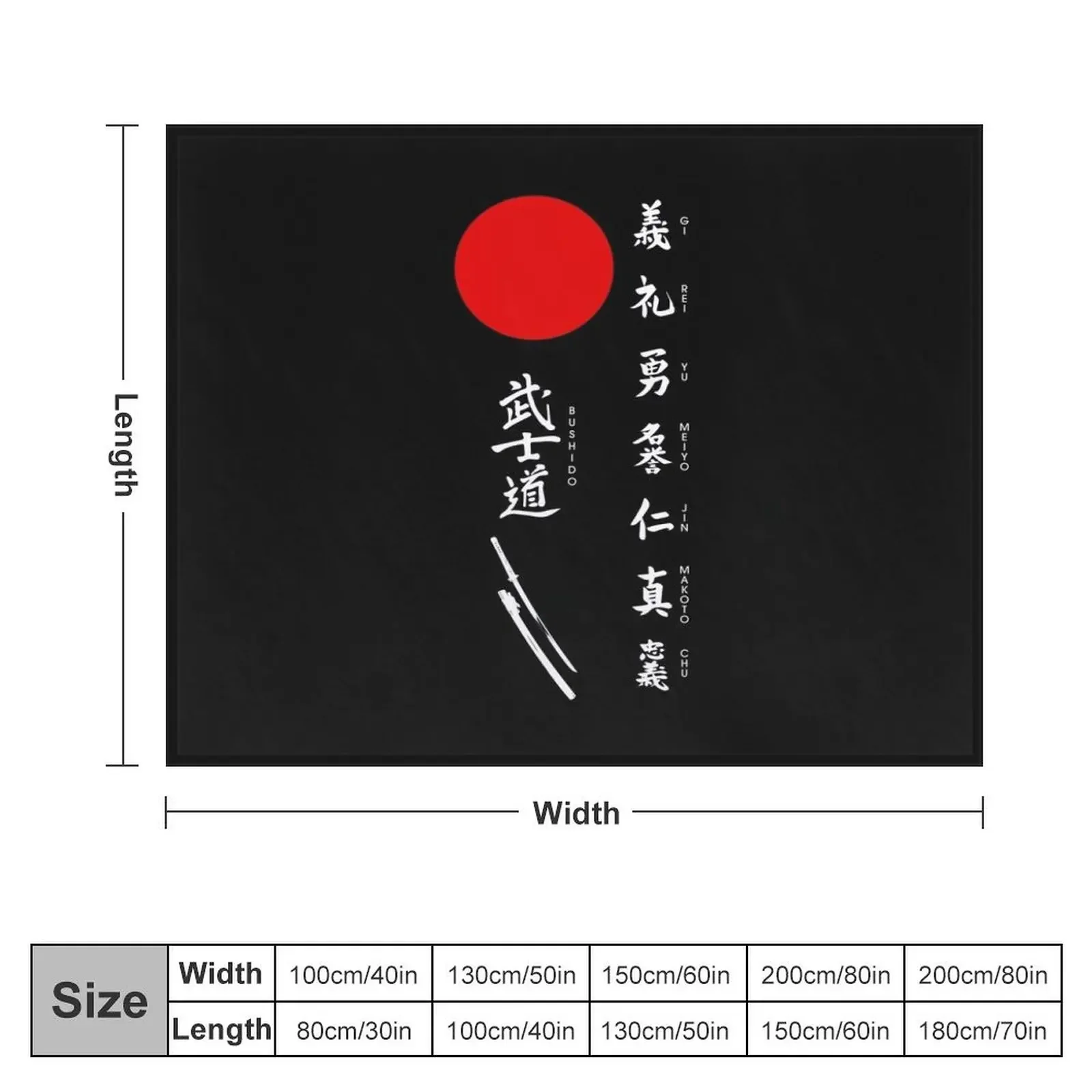 Bushido and Japanese Sun (White text) Throw Blanket Hairys Moving Blankets