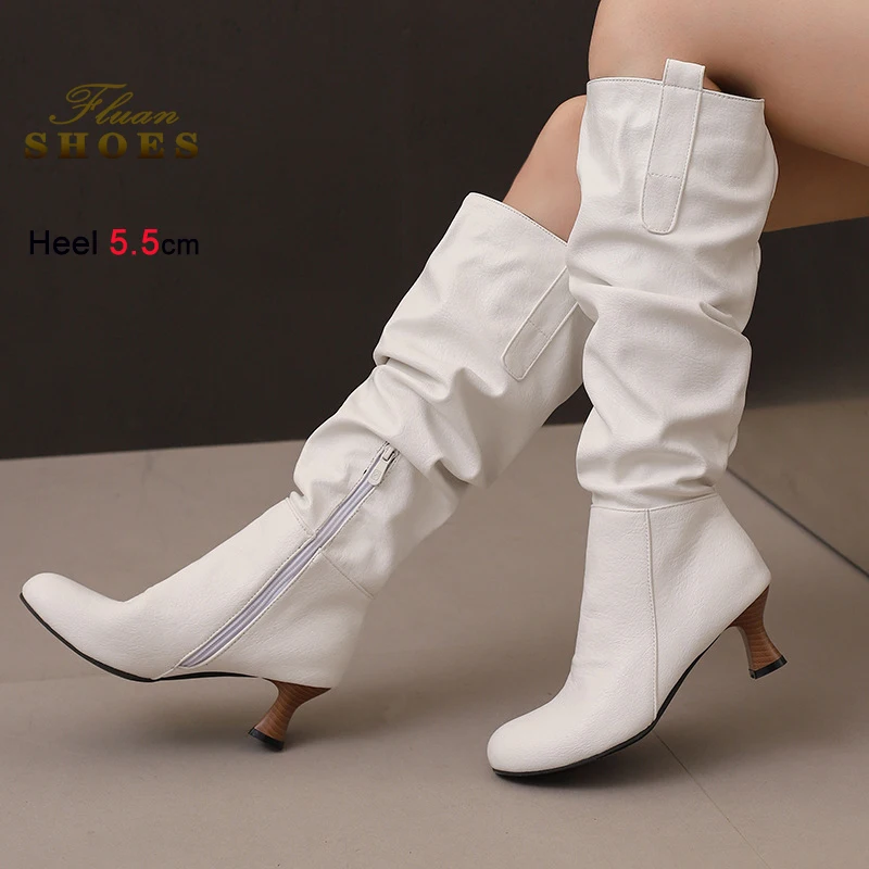 

2025 Осенне-зимние белые женские сапоги до колена с круглым носком на толстой подошве и каблуке 5,5 см, женские комплектные сапоги с боковой молнией, большие размеры 46