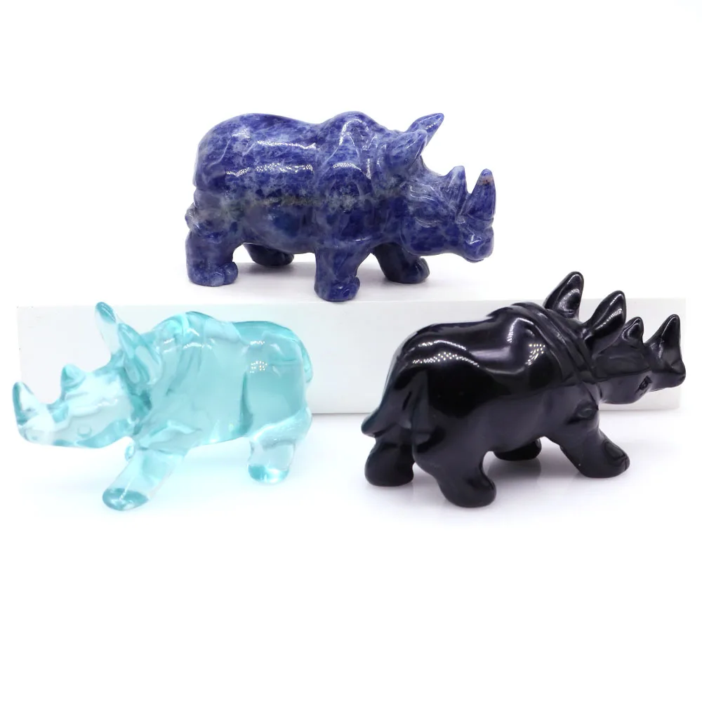 

3" Rhinoceros Statue Natural Stone Carving Rhino Animal Figurine Craft Ornaments Healing Crystal Gemstone Home Decoration Gift