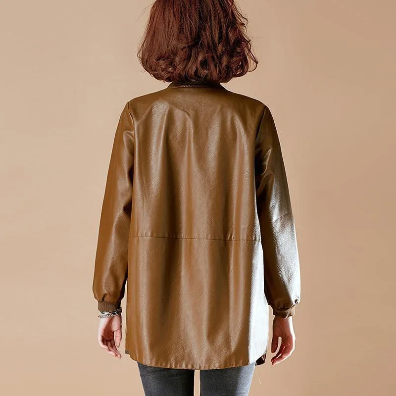 منتصف طويلة أنماط سترة جلدية المرأة الخريف فضفاض زي بيسبول بولي Leather سترة جلدية أنيقة جولة الرقبة البريدي تصاميم معطف المرأة