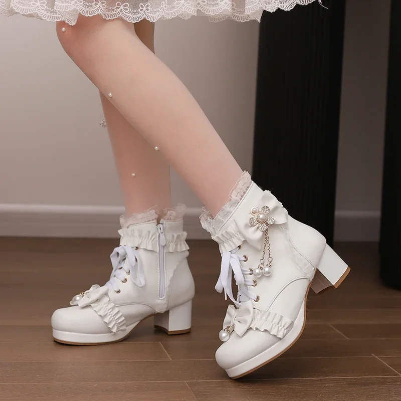 2024Sweet Crystal Flower Pearls Chain Ankle Boots for Princess Bow Cross-tied Ruffles Party Girls Shoes 7 8 9 10 12 14 16 17 18