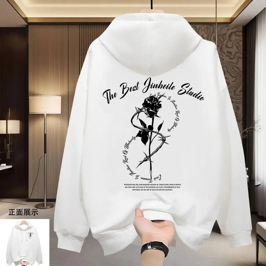 

Осенняя мода 2025 года, толстовка с капюшоном в тяжелом весе 300 г, Jin Beile Studio, черная роза, мужская и женская мода, повседневный принт