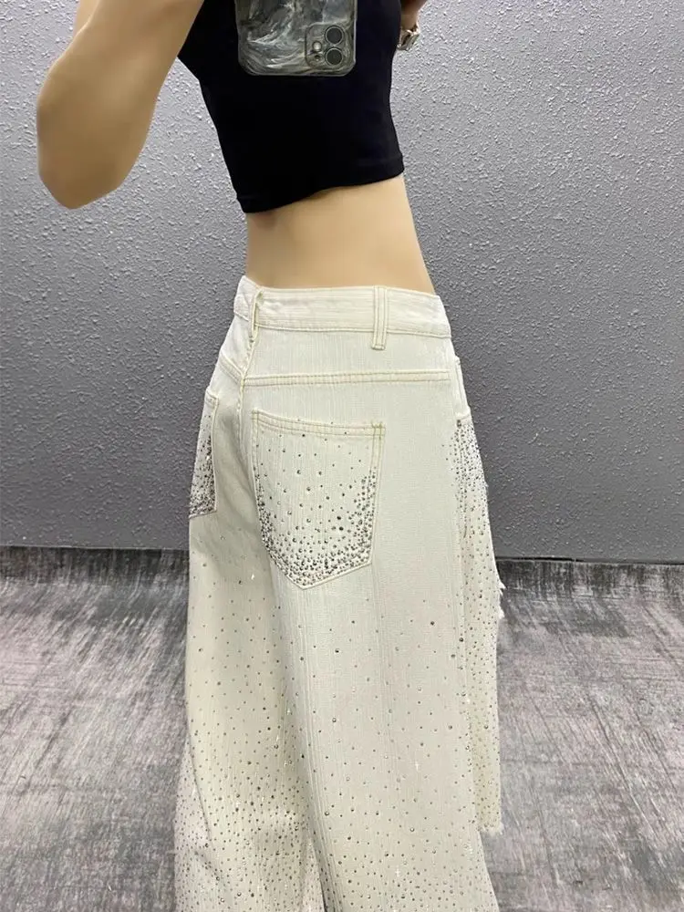 미국 하이 스트리트 풀 라인스톤 패치워크 여성용 여름 Y2K 핫걸 루즈핏 릴렉스드 슬라우치 디자인 데님 팬츠