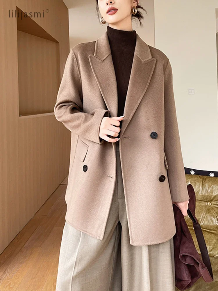 Peak Lapel Wool Short Coat Women 100% Wool Coats Double-Breasted Autumn Winter Blazer Jacket Ladies New #25