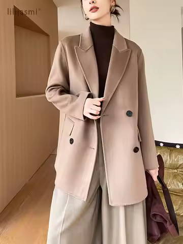 Peak Lapel Wool Short Coat Women 100% Wool Coats Double-Breasted Autumn Winter Blazer Jacket Ladies New #25