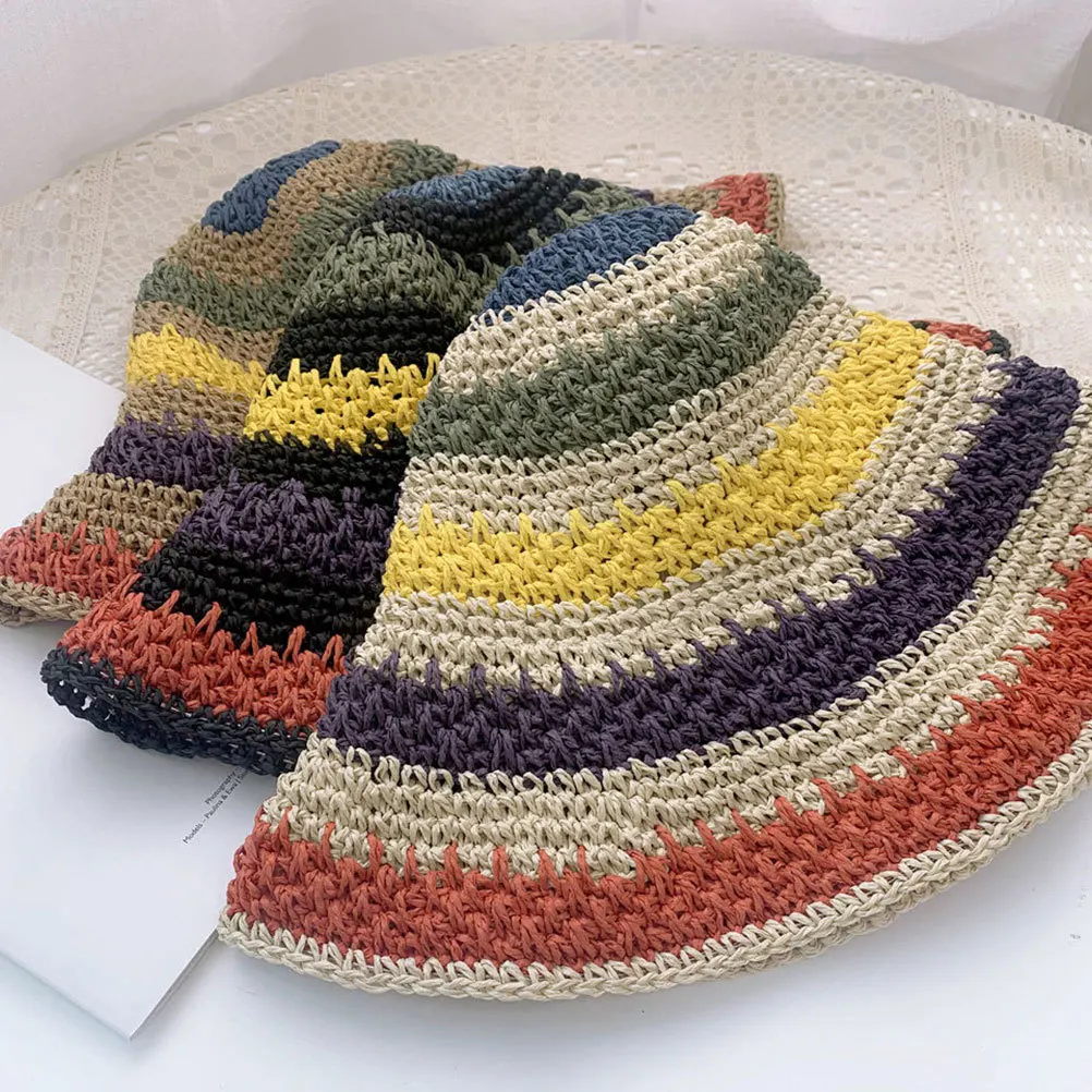 

Straw Sun Foldable Colorful Stripes Hat Summer Beach Outdoor Woman Sun-Resistant Protective Cap Woman Hat Straw