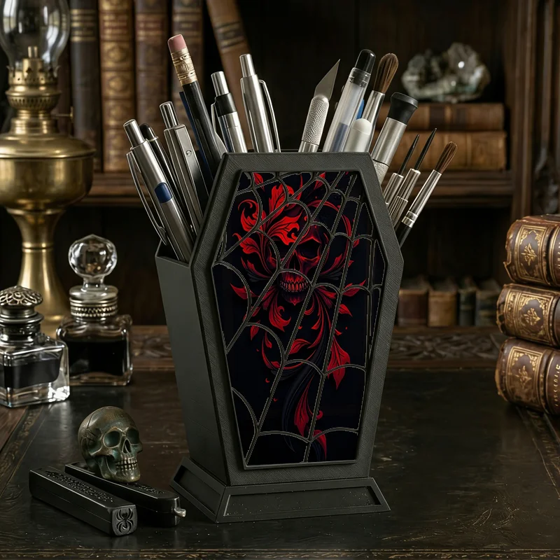 Red Floral Skull Spider Web Coffin Pen Holder Gothic Dark Pencil Organizer Halloween Witchy Home Office Stationery Storage Gift