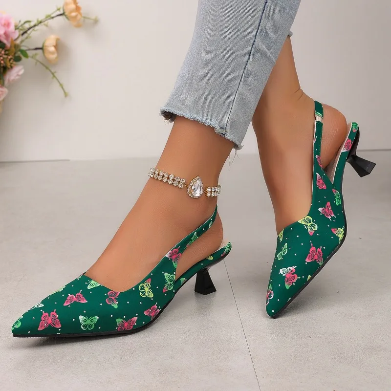 Vintage High Heel Women Sandals Fashion Pointed Toe Singbacks Mules Shoes Summer Elegant Butterfly-knot Dress Sandalias_vogvips.com