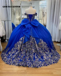 Vintage Royal Blue Quinceanera Dresses With Bow Ball Gown Birthday Gown Applique Off The Shoulder Sweet 16 Dress Customized