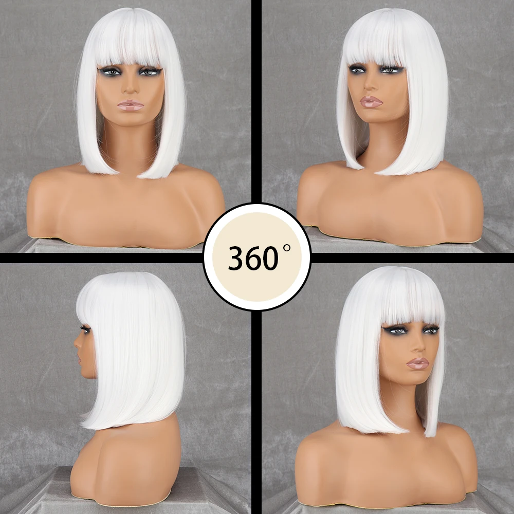 Synthetic Short White Straight Bob Wigs With Bang Natural  Hair For Women Cosplay