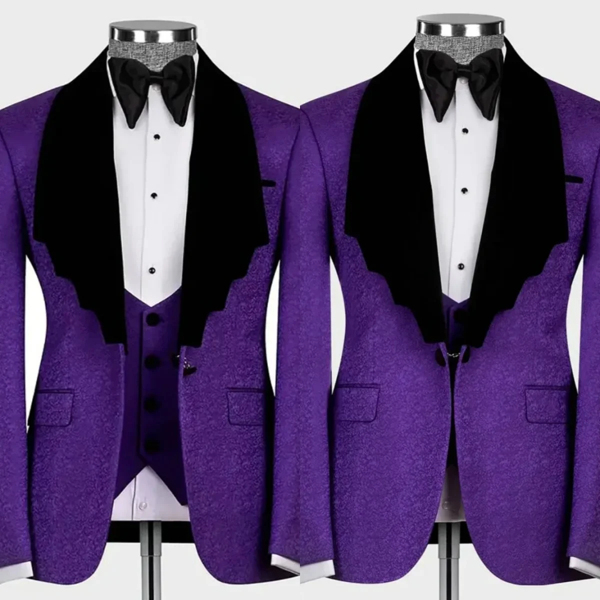 

Designer Purple Wedding Tuxedos Jacquard 3 Piece Set Jacket Vest Pants Men Suits Handsome Shawl Lapel Groom Blazers Customized