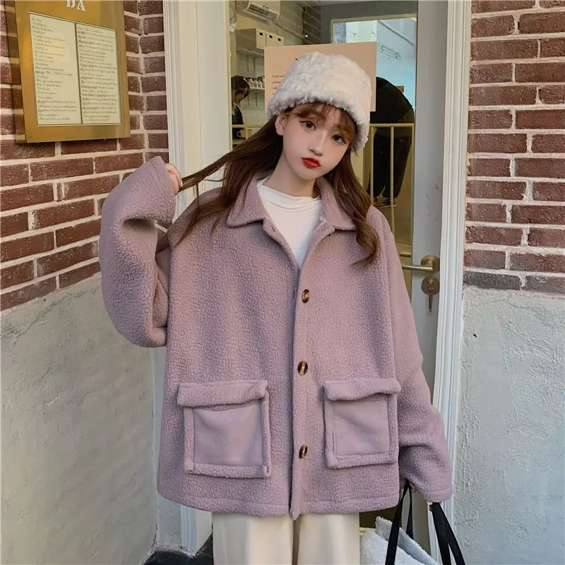 

Women Winter Coat New Faux Lamb Fleece Lined Thick Short Cotton Jacket Winter Korean Loose Casual Coat For Outwear Casual