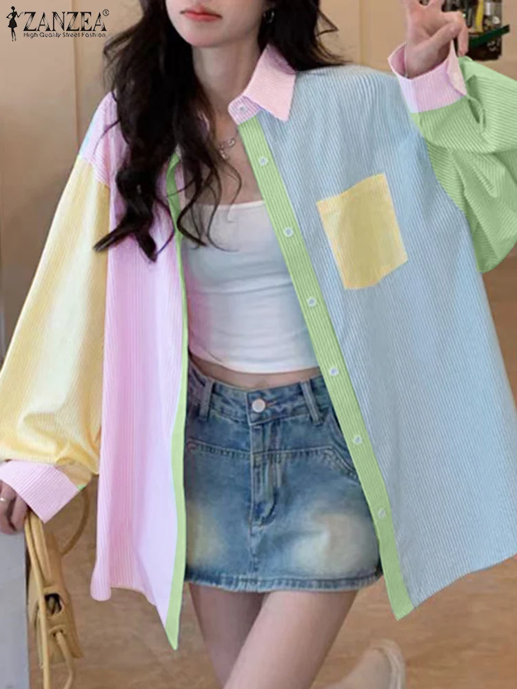 

Women Stripe Printed Shirt ZANZEA Fashion Color Block Blouse Holiday Street Korean Pocket Tunics Casual Loose Long Sleeve Tops