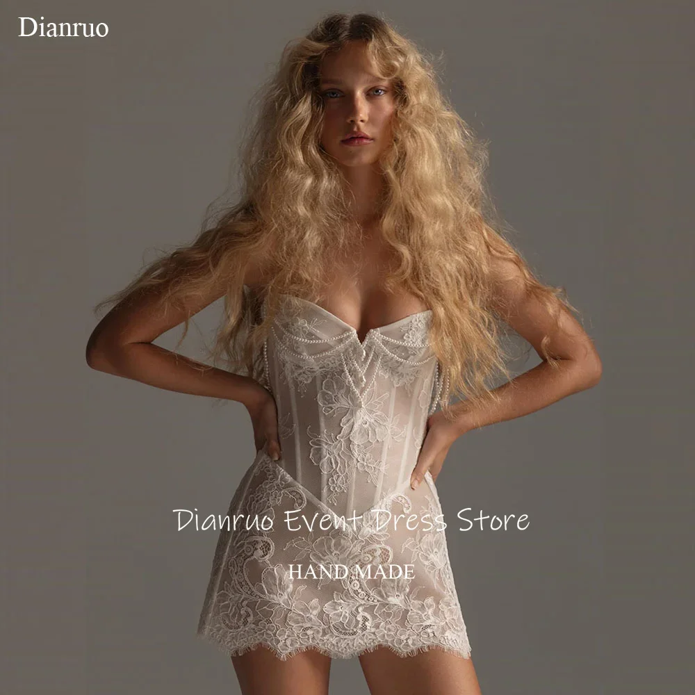 Dianruo perles séduisantes robes de mariée chérie Mini longueur robe de bal Illusion Appliques à lacets robe de retour personnalisé