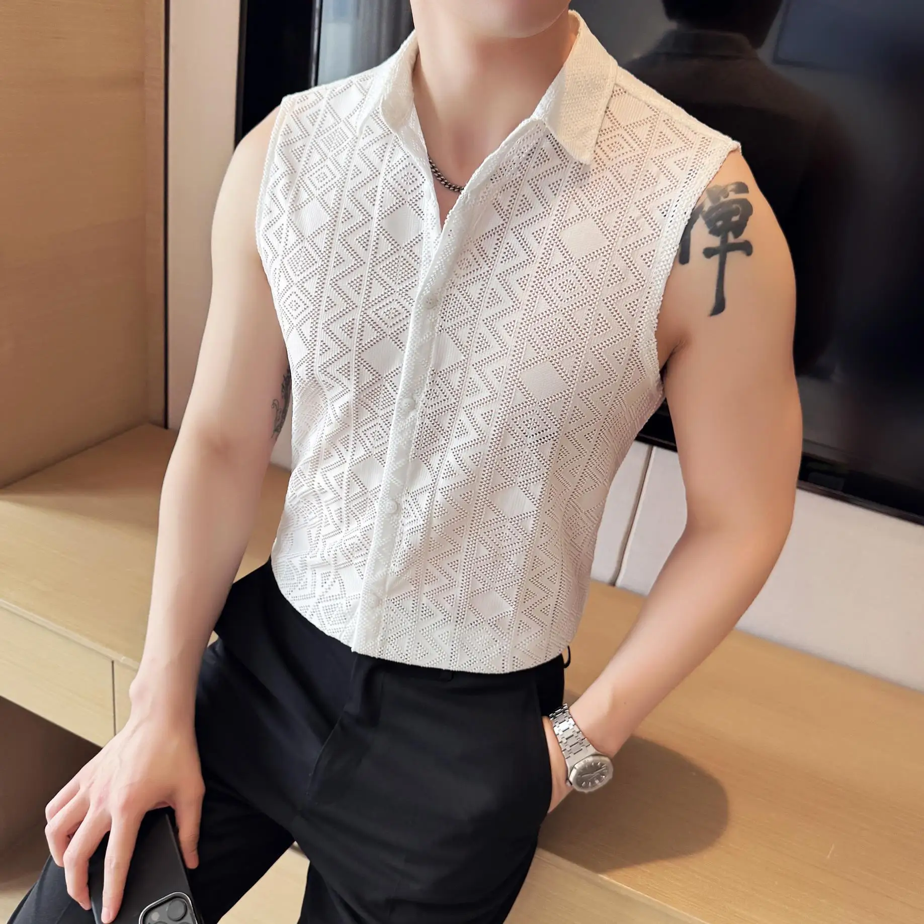 

Men's Lace Sleeveless Shirt Nightclub Guy Summer Slim Thin Men's Shirt Cutout