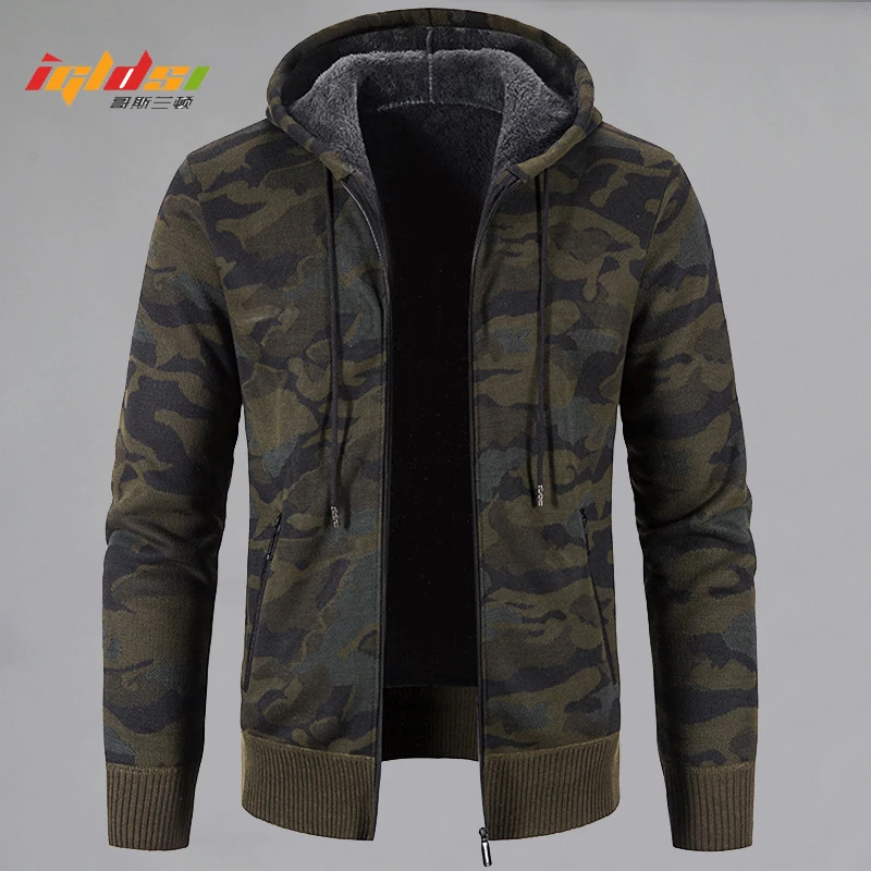 Men Winter Thick Fleece Camouflage Sweater Hooded Cardigan Slim Fit Knitted Sweaters Jacket Male Outwear Warm Sweatercoat