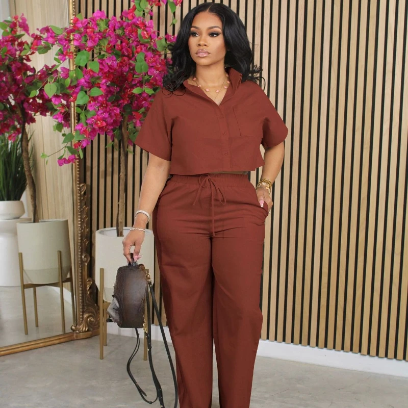 Solid Casual Linen Set Women 2 Pieces Outfit Summer Turn-down Collar Button Up Pockets Shirt Top and Pants Ensemble En Lin Femme