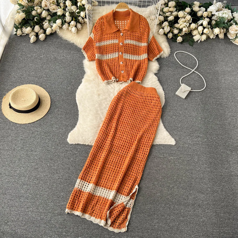 

Hollow Out Tees And Long Skirts Set Fashion Beach Party Women Suit 2pc Short Sleeve Shirts Skirt Sheer Outfits Bikini Cover-ups