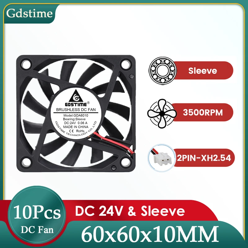 10 Pieces/LOT Gdstime DC 24V 2Pin 6010S 6cm 60x10mm Brushless PC Motherboard CPU Cooler 60mm Computer Graphics Card Cooling Fan