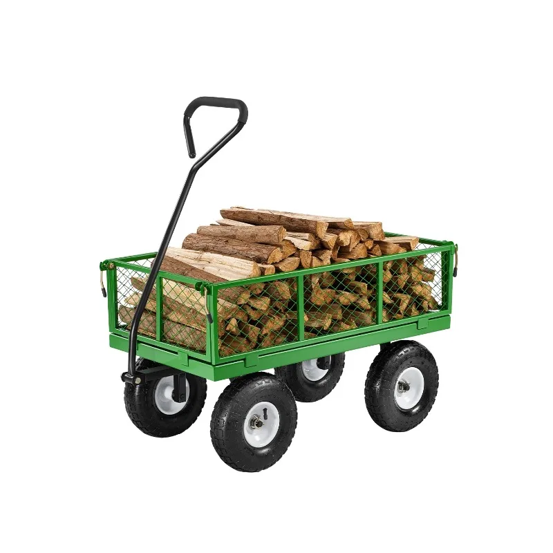 Steel Garden Cart on Wheels Heavy Duty Garden Wagon Cart Pullable Metal Yard Wagon Carts with 180°Rotating Handle