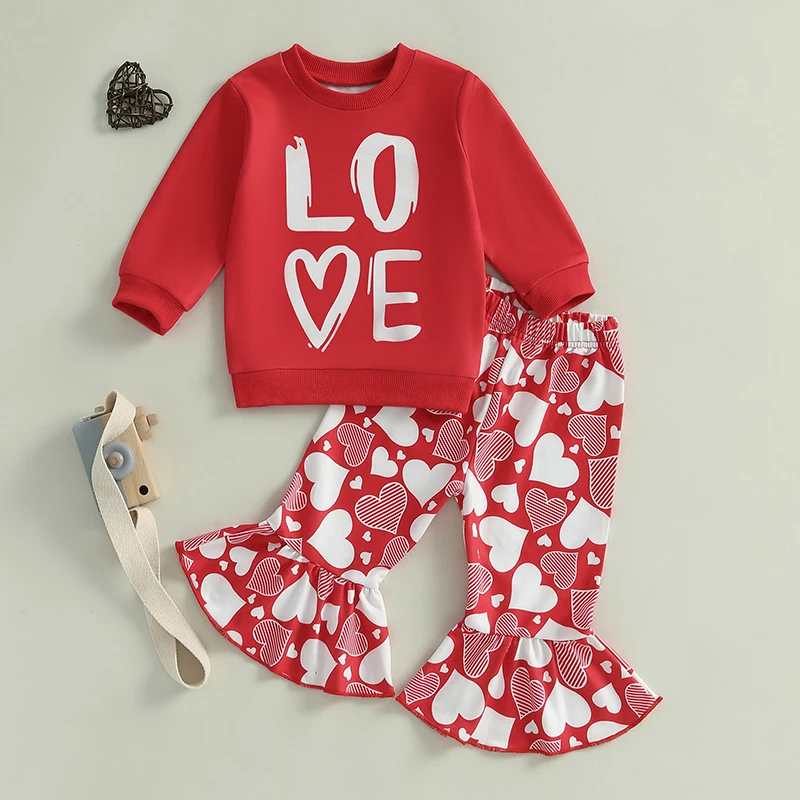 Conjunto de sudadera con capucha y estampado de corazón para el día de San Valentín para niñas con pantalones acampanados a juego para niños con diseño de letras de manga larga