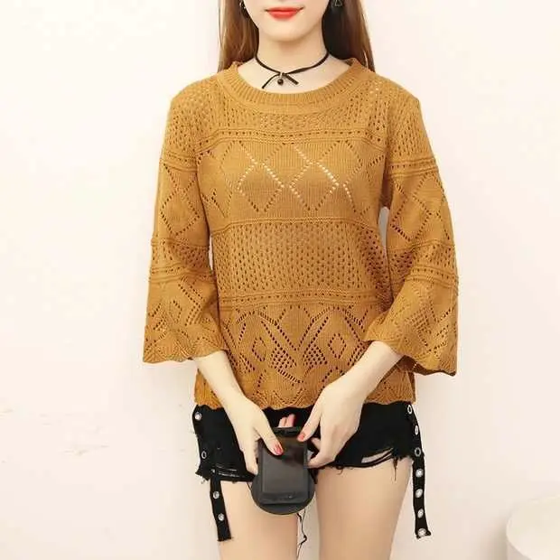 Women Autumn Korean Loose Fashion Hollow Out Solid Color O-neck 3/4 Sleeve Knitwear Ladies All-match Knitting Bottoming Shirt