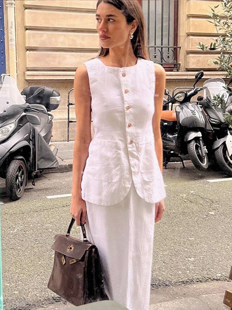 Moda gilet gonne Set donna elegante monopetto Top vita alta gonna Midi vestito femminile 2024 Sping Summer Lady 2 pezzi Set