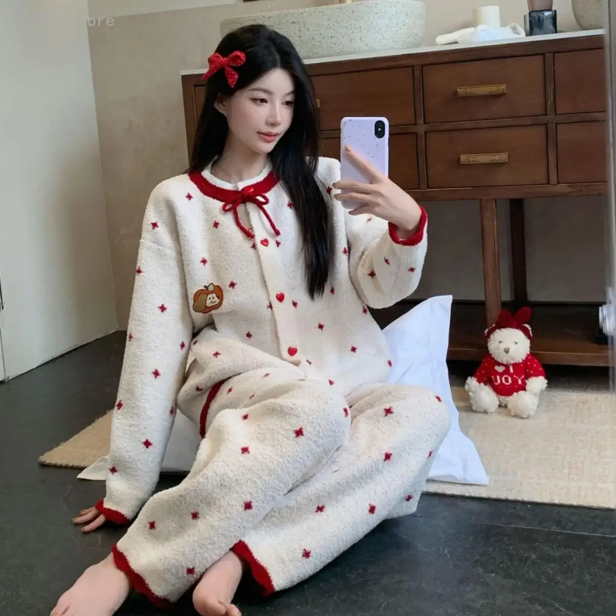Cute Women Autumn Winter Fleece Pajama Set Versatile Wearable Outside Soft Warm Cozy Casual Home Loungewear Sleepwear 2pcs Set
