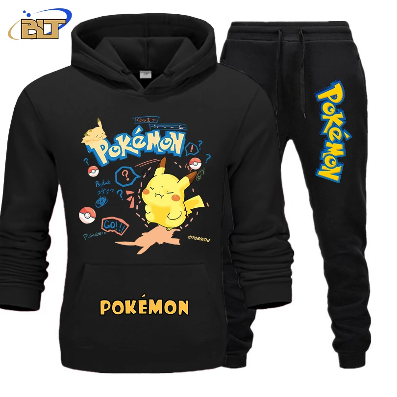 

MINISO Pokemon Print Men's Hoodie Set Autumn and Winter Plus Velvet Sweater Pants 2-piece Set