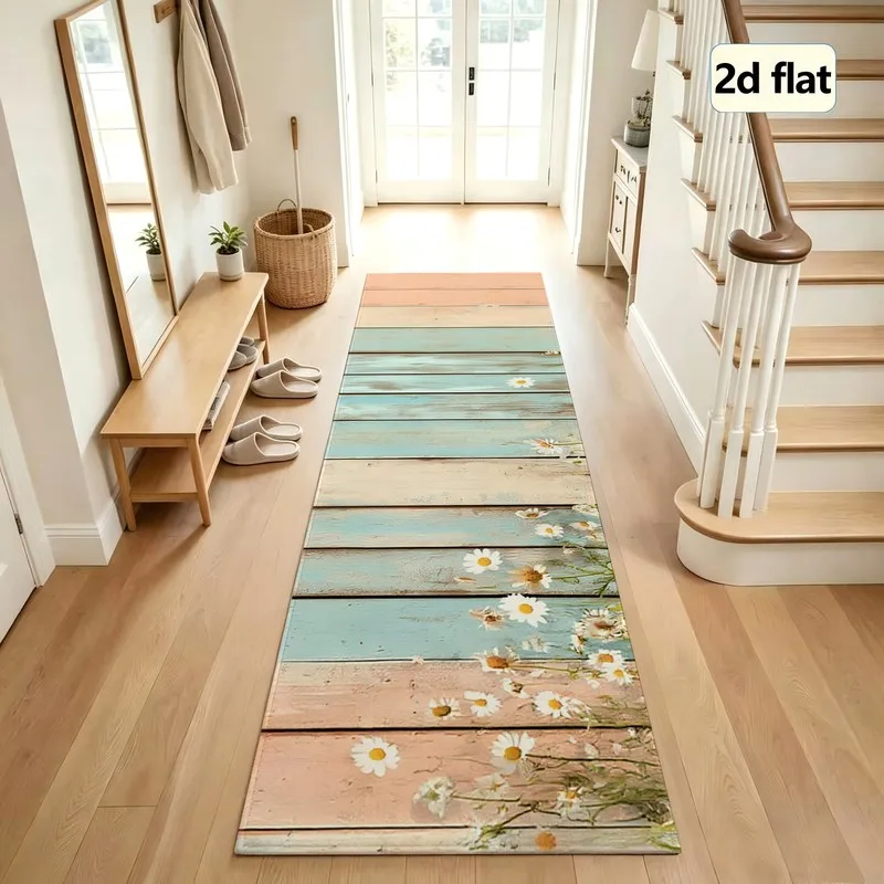 1 Vintage Distressed Pastel Daisy Wood Plank Plush Rug, Soft & Comfortable, All Seasons, Easy Care, Home Decor, Living Room, Bedroom, Entryway, Autumn, Winter