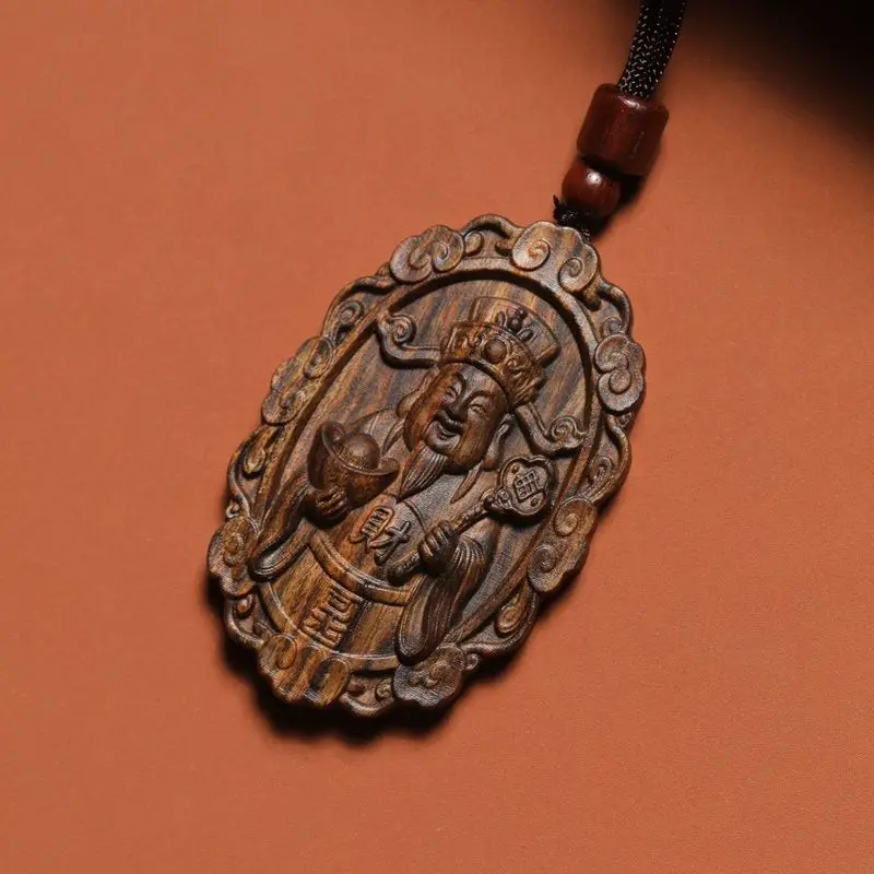 Agarwood carving of the God of Wealth, solid wood carved freeform pendant, hand-held ornament, decorative plaque, ne