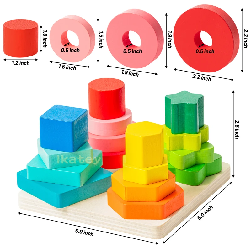 17Pcs Toddlers Wooden Sorting & Stacking Toys Set Montessori Toy Geometric Color Puzzle Blocks for Baby Preschool Early Learning