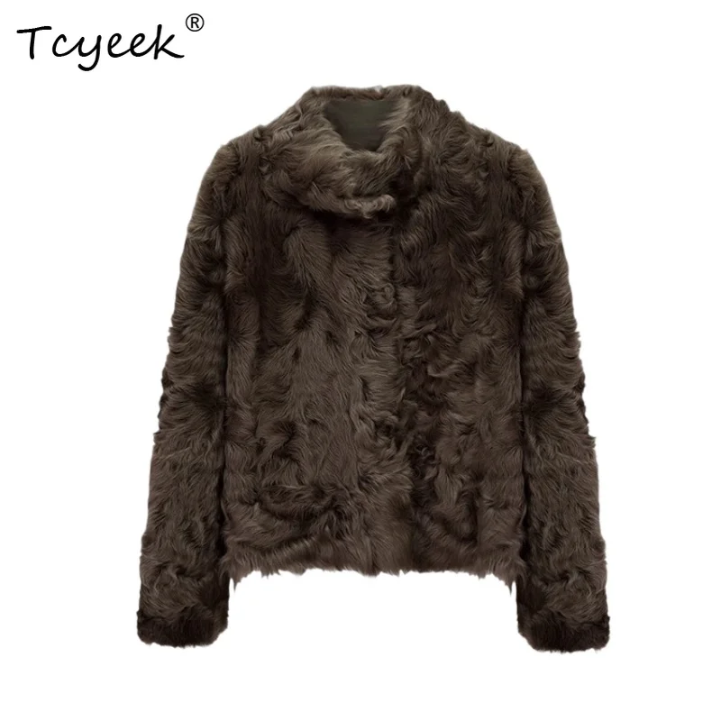 

Tcyeek Genuine Wool Autumn Winter High End Trendy Stand Up Chocolate Color Women's Lamb Wool Shearling Fur Coat Fourrures Femme