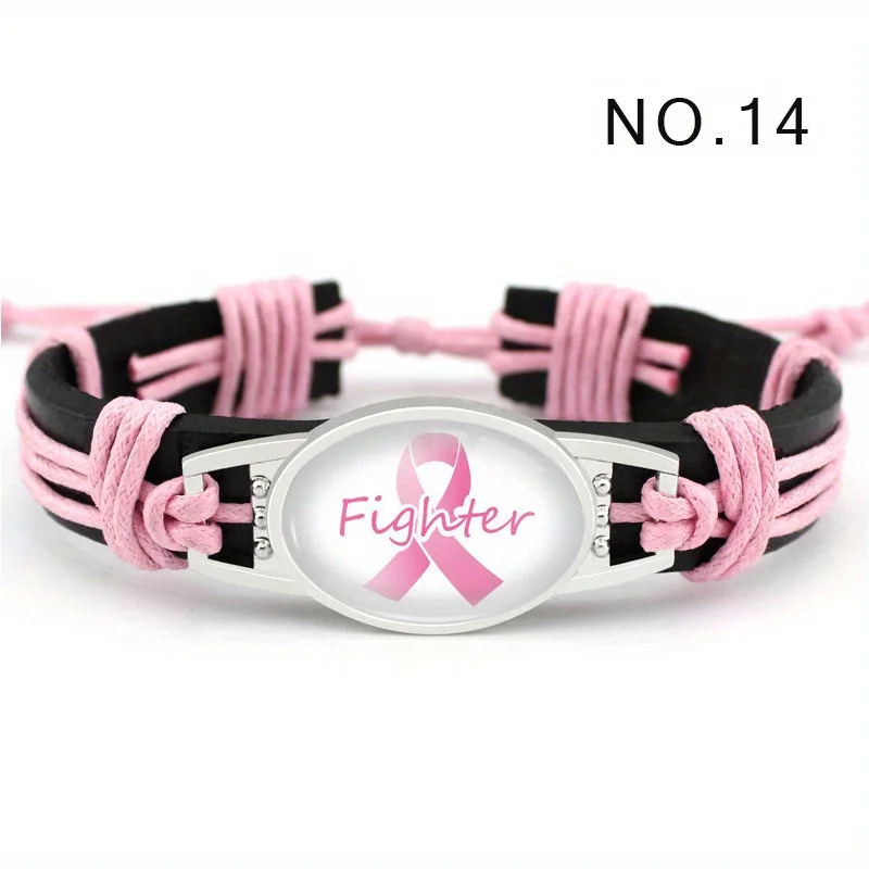 pink leather bracelet Ribbon Glass Cabochon Charm Leather Bracelets Faith Hope Cure Inspirational Bangle Breast Cancer Awareness