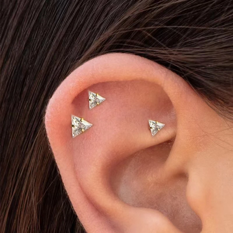 2PC Stainless Steel Minimal Crystal Triangle Piercing Earrings Helix Studs Tragus Cartilage Studs Earring Christmas Jewelry Gift