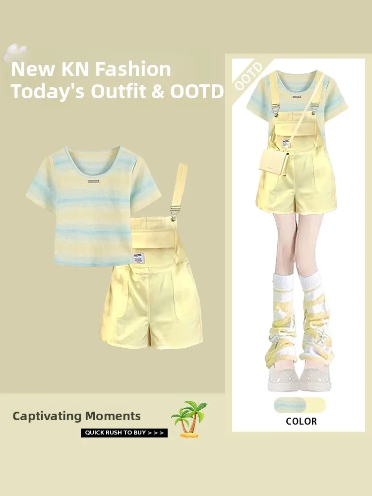 Completo estivo da donna, top ort Sve e simpatica tuta gialla dopane, set da due pezzi, abbigliamento in fibra di poliestere