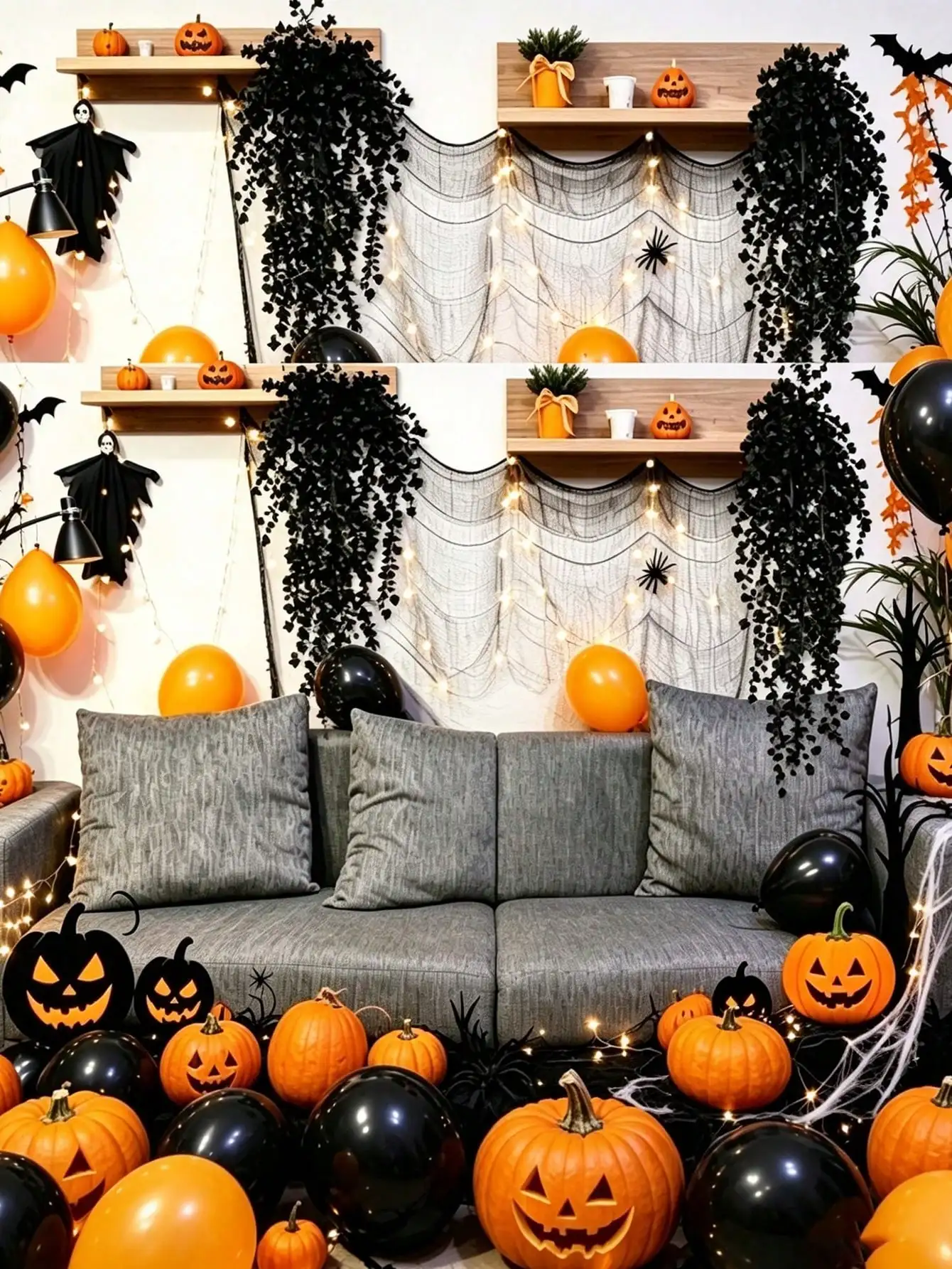 6pcS Halloween Black Artificial Hanging Eucalyptus Vine Fake Plant Wall Door Porch Hanging Decor Spooky Halloween Party Supplies - view 4