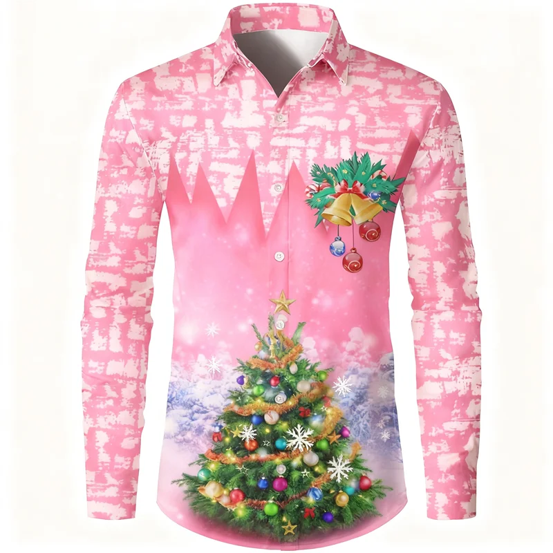 3D printed snowflake Hawaiian shirt men's Christmas tree bell pattern Aloha shirt casual long sleeved shirt lapel top