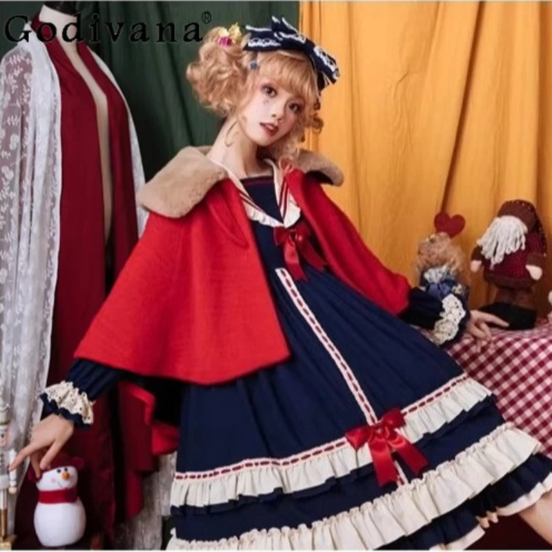 

Autumn Winter New Elegant Lolita Loose Fashion Sweet Versatile Cape Jacket Cute Girl Age Reduction Thickened Warm Red Shawl