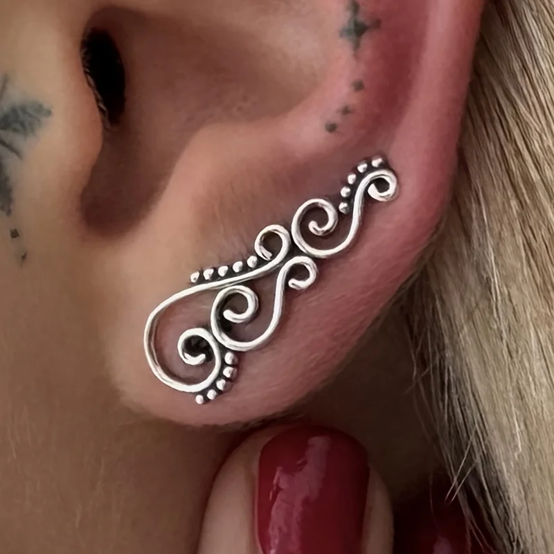 Huitan Vintage Anti-Silberfarbene Ohrhänger für Damen mit Wirbelmuster, minimalistischer Statement-Schmuck für den Alltag und Partys
